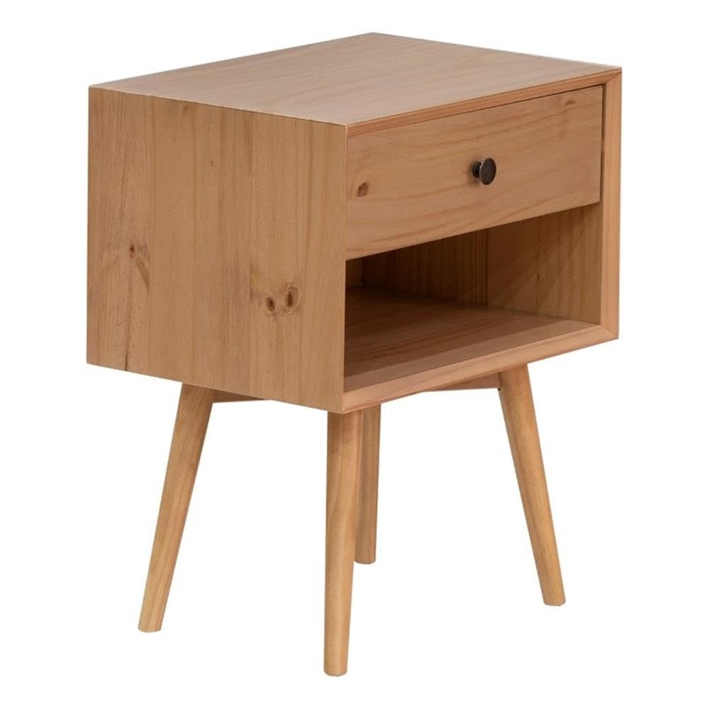 Walker Edison Mia Mid Century Modern 1 Drawer Solid Wood Nightstand, 25 Inch, Natural Pine
