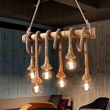 TripleSix Bamboo Light Rope Cord Hemp (Bulb are Included) Dining Lighting, Restaurant, Kitchen Vintage Pendant Lamp 6 Holder Hanging