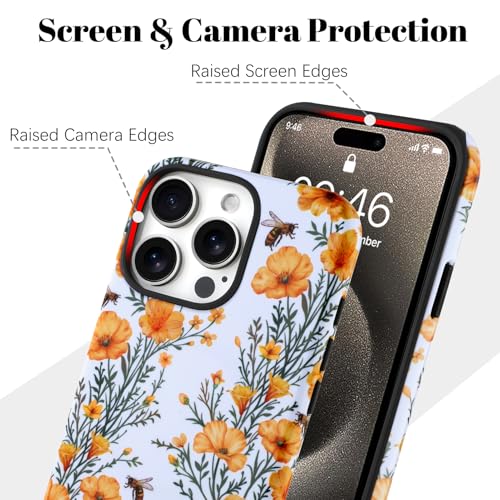 Image of Magnetic for iPhone 15 Pro Max Case [Compatible with Magsafe] Yellow Flower Floral Pattern Design, Full Body 2 in 1 Shockproof Scratch Resistant Protective Cover for Women Girl