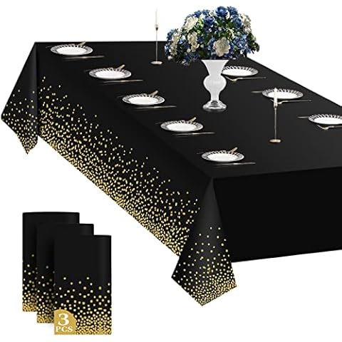 3 Pack Plastic Table Cloth for Parties Disposable,8ft Black and Gold Dot Tablecloth for Rectangle Tables,Table Cover for Picnic,Birthday, Graduation, Thanksgiving, Halloween, Christmas, Anniversary Cover