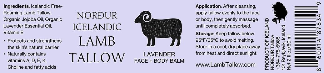 NORDUR 100% Icelandic Lamb Tallow for Skin Care - Face + Body - Moisturizing Balm from Free Roaming Icelandic Lambs - Ultra Nourishing, 2 FL. oz. (Lavender)