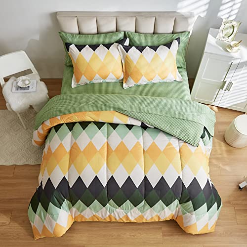 Uozzi Bedding Rhombus Comforter Sheet Set 7 Pieces Bed In A Bag White Green Yellow Diamond Queen Size (1 Comforter 2 Pillow Shams 1 Flat Sheet 1 Fitted Sheet 2 Pillowcases) #TOP4