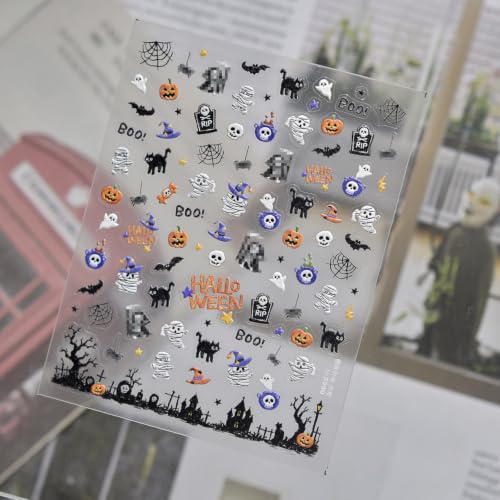Image of Halloween Nail Stickers mini Mummy Skeleton Pumpkin Ghost Nail Art Decals | Cute Cartoon Nail Decals Spooky Black Cat Self-Adhesive Stickers, for Women Holiday Nail Art Design 1 Sheets Manicure Decor