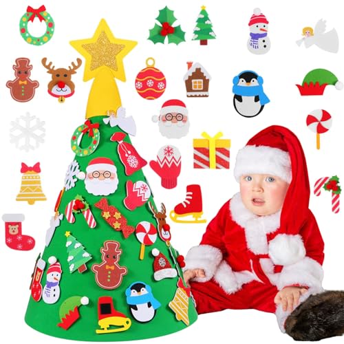 OIOYLEY 3D Árbol de Navidad de fieltro para manualidades, con 29PCS Juego de Árbol de Navidad de Fieltro Accesorios Desmontables, para Navidad en casa, decoración para fiestas Regalos de niños