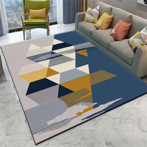 Tapis design salon bleu géométrique pour sol facile à laver