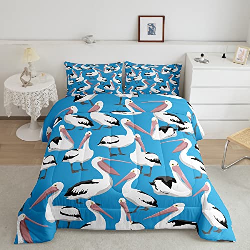 Erosebridal Australian Pelican Comforter Set Twin Size,Cute Cartoon Pelican Birds Bedding for Kids Boys Girls Teens,Farmhouse Animal Hungting Quilt Rustic Blue Duvet Insert with 1 Pillowcase