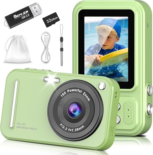 Digital Camera for Kids, HILDCROA 48MP FHD 1080P Point and Shoot Digital Cameras with 16X Zoom Anti-Shake, Compact Portable Cameras for Photography, for Boys Girls Teens Beginners,Green