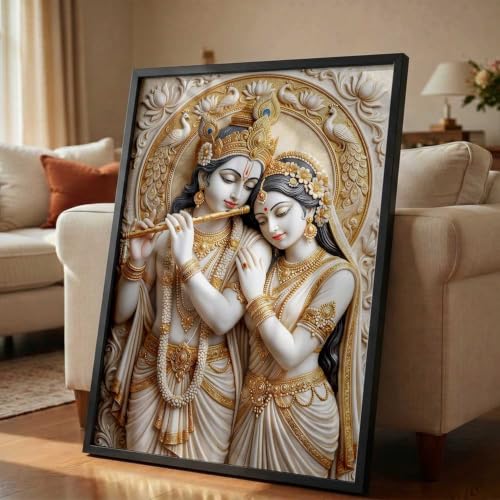 Image of CRAFTLYN Hindu God Wall Art WALL ART Prints Framed Spiritual Religious Paintings for Living Room, Pooja Room, Bedroom, Office, Meditation Room, Home Decor (Radha krishna 2, 13X19, Black)