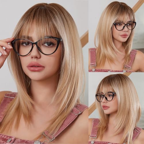 WOKESTAR Long Straight Wigs for Women with Fringe Layered Synthetic Blonde Color Wigs for Women, 22 Zoll