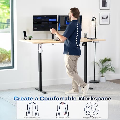 Image of VIVO Light Wood 71 x 36 in Standing Desk, DESK-KIT-1B7C-36 | Electric, Holds 220 lbs, Sit Stand, Height Adjustable, Extra Deep Table Top, Memory Presets, 1B Series, Black Frame