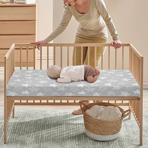 Image of Star Baby Crib Sheets for Boys Girls Grey Fitted Crib Sheet for Standard Crib and Toddler Mattress Cute Baby Mattress Sheets Toddler Bed Sheet 52x28x8 in