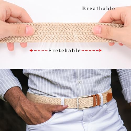 Cinto elástico masculino trançado elástico cinto de golfe para jeans, Bege, Fit Waist 33