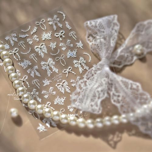 Image of NBNTGH Pearl Bow Nail Stickers - 5D Elegant Self Adhesive Nail Decals White Lace Design for Women Manicure DIY Decoration Accessories (1 Sheet)