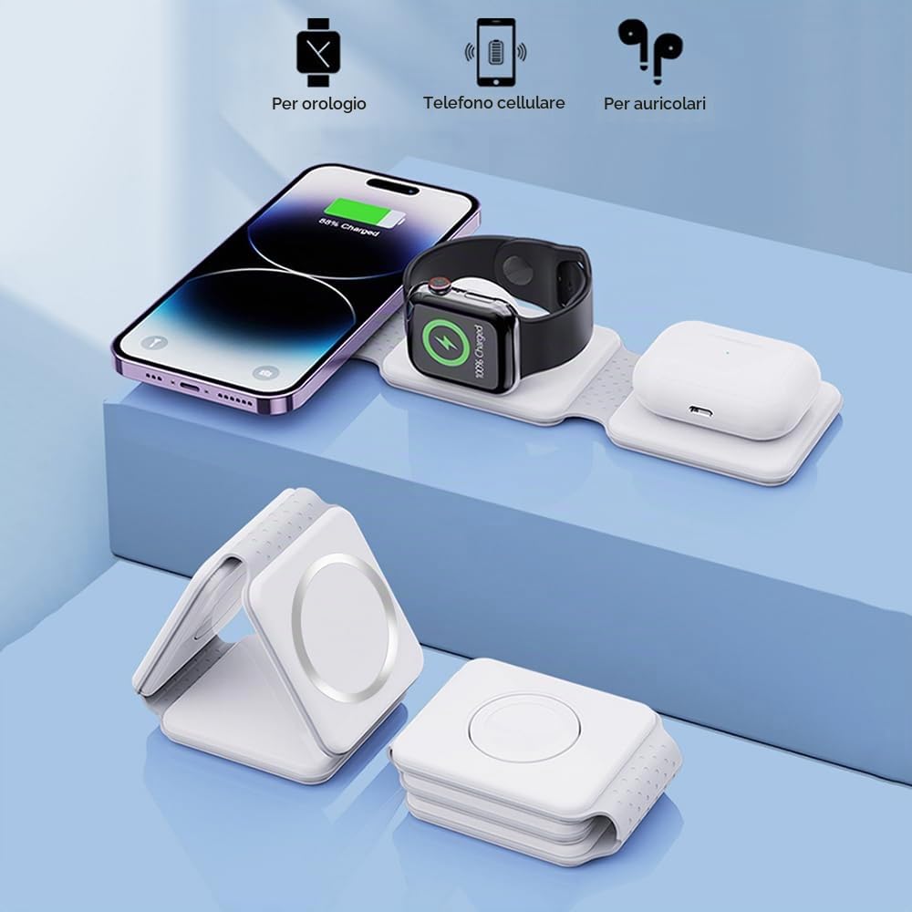 Stazione di ricarica 3 in 1 Caricatore da viaggio wireless pieghevole Samaray da 15 W Adattatore USB C da 20 W incluso!