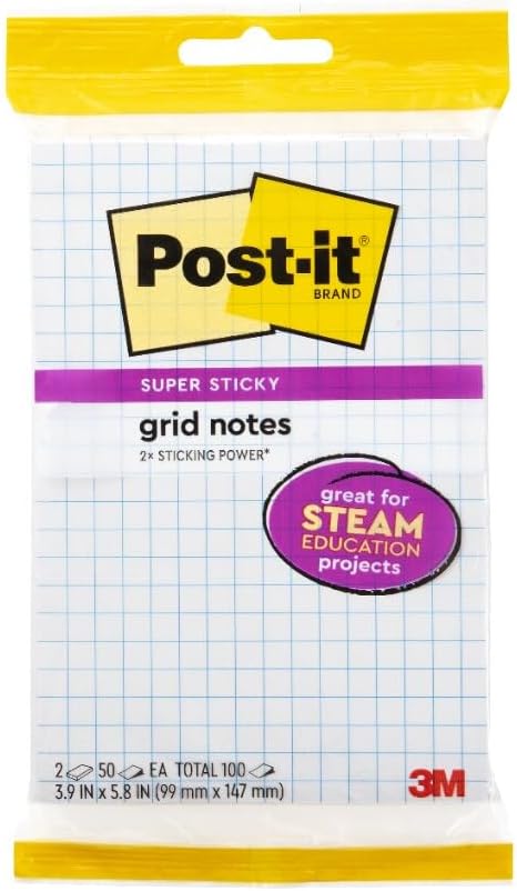 Post-it Super Sticky Notes, 2 Sticky Note Pads, 4 x 6 in., Ideal for Organization in Your Dorm, Home or Office, White and Blue Grid Notes