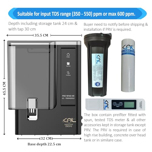 Image of KNL PRO NF60 AR Black NF (Nano Filtration) water purifier with SS 304 UV, with Alkaline regulator, for input TDS range (350-550)ppm, Reduces TDS (60-70)%, no TDS controller, tank 10 liters + TDS meter