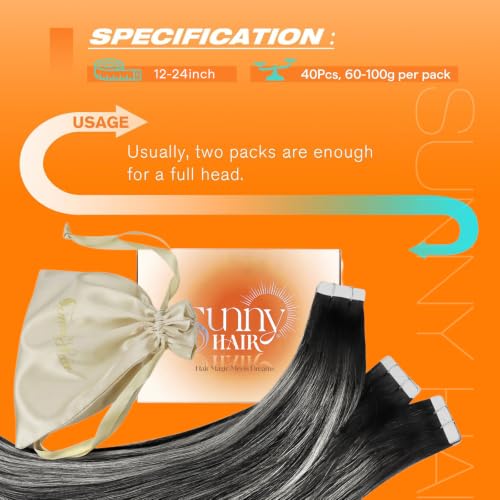 Image of Sunny Hair Tape in Hair Extensions 22Inch Long Black with Silver 100g 40PCS