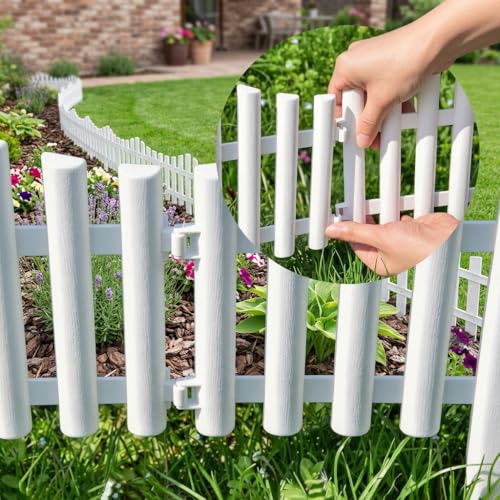 Image of Klick N Shop Garden Fence Outdoor Border (4 Panels - 5ft Length-White) Decorative Plastic PVC Garden Edging Fence for Lawn, Flower Bed & Pathway | Interlocking Weather-Resistant Picket Fence Border