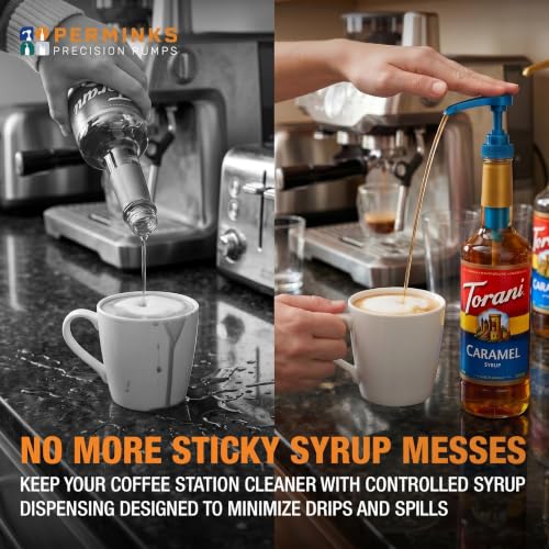 Image of Syrup Pump, Compatible with 750ml Torani, Davinci & Skinny, 2-Pack, Blue | Leak-free, 1 /4oz precision pump with locking nozzle. Great for coffee bar accessories, dirty soda stations & dessert sauces
