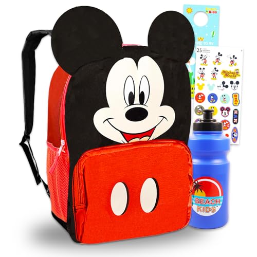 Disney Mochila Mickey Mouse para crianças pequenas – Pacote com mini mochila de luxo de 30,5 cm com orelhas 3D Plus adesivos, garrafa de água, mais | Conjunto de material escolar Mickey