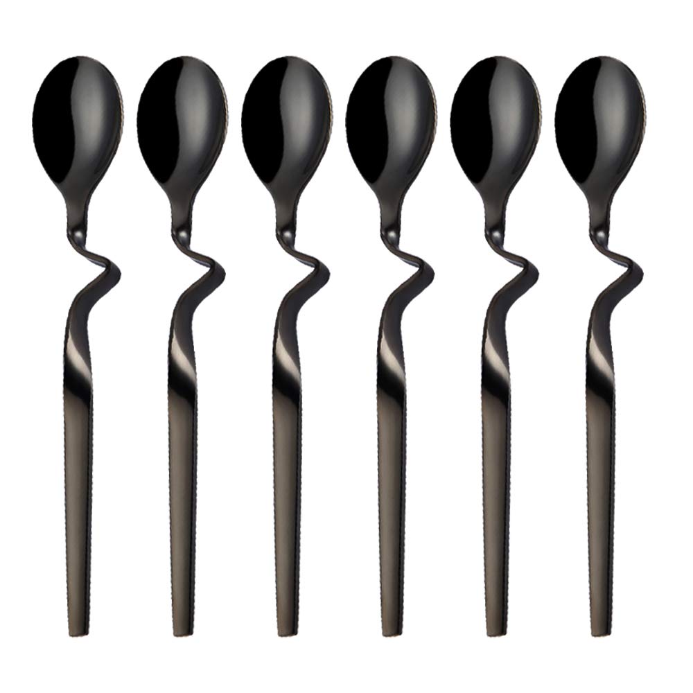 Blcak Demitasse Espresso Spoon, Seeshine Stainless Steel Jam Honey Spoon, Coffee Stir Spoon with Curved Handle, Set of 6