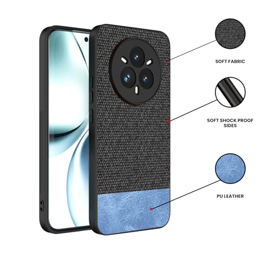 Image of Kapa Soft Fabric & Leather Hybrid Protective Back Cover for Realme 14 Pro+ (Plus) 5G | Shockproof Slim Hard Anti Slip Back Case (Black,Blue)