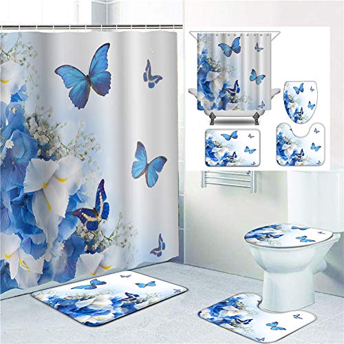 Bathroom Decoration Shower Curtain Sets with Non-Slip Rugs, Blue and White Wild Flowers with Monarch Butterflies Lily Therapy Spa Art Prints Waterproof Polyester Fabric Shower Curtains with 12 Hooks