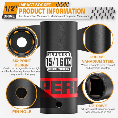 Image of 1 /2 inch Drive Impact Socket, 15 /16 inch Deep Socket, SAE, 6 Point, CR-V, for Car Repair, Loosen the Fastening Nut