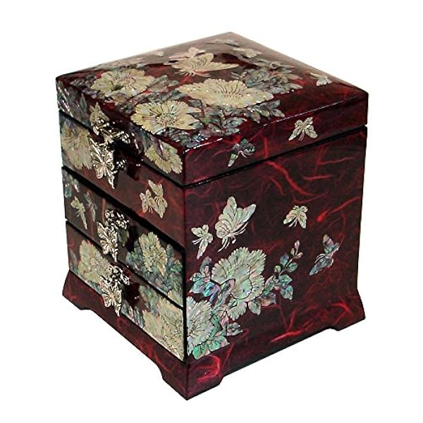 Madre de la perla de la mariposa de laca roja cajón de madera joyería caja de recuerdo cofre del tesoro