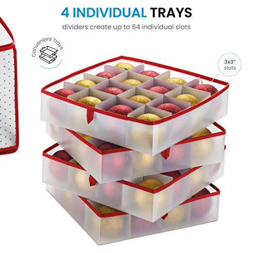Zober Plastic Christmas Ornament Storage Box With 2-Sided Dual-Zipper Closure - Keeps 64 Holiday Ornaments, Xmas Decorations Accessories, 3" Cube Compartments - Sturdy Flexible Plastic #TOP3