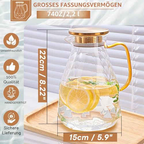 Foto von Yirilan Glaskaraffe 2,2 L, Wasserkrug mit Deckel, Borosilikatglas karaffe