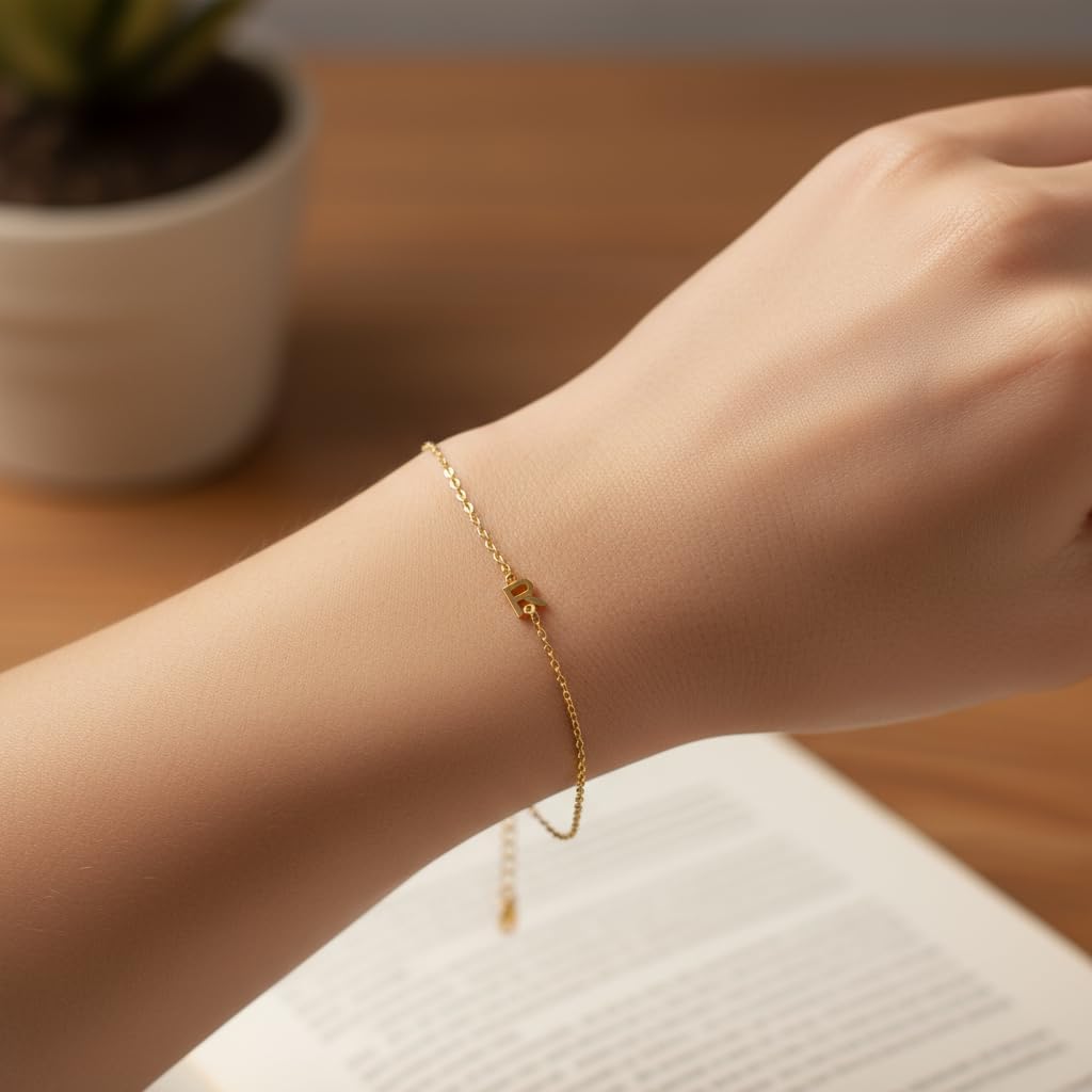 OAK & LUNA Inez Initial Bracelet/Anklet - Gold Plated & Sterling Silver — A-Z Letter Pendant on 7"+1" Adjustable Cable Chain