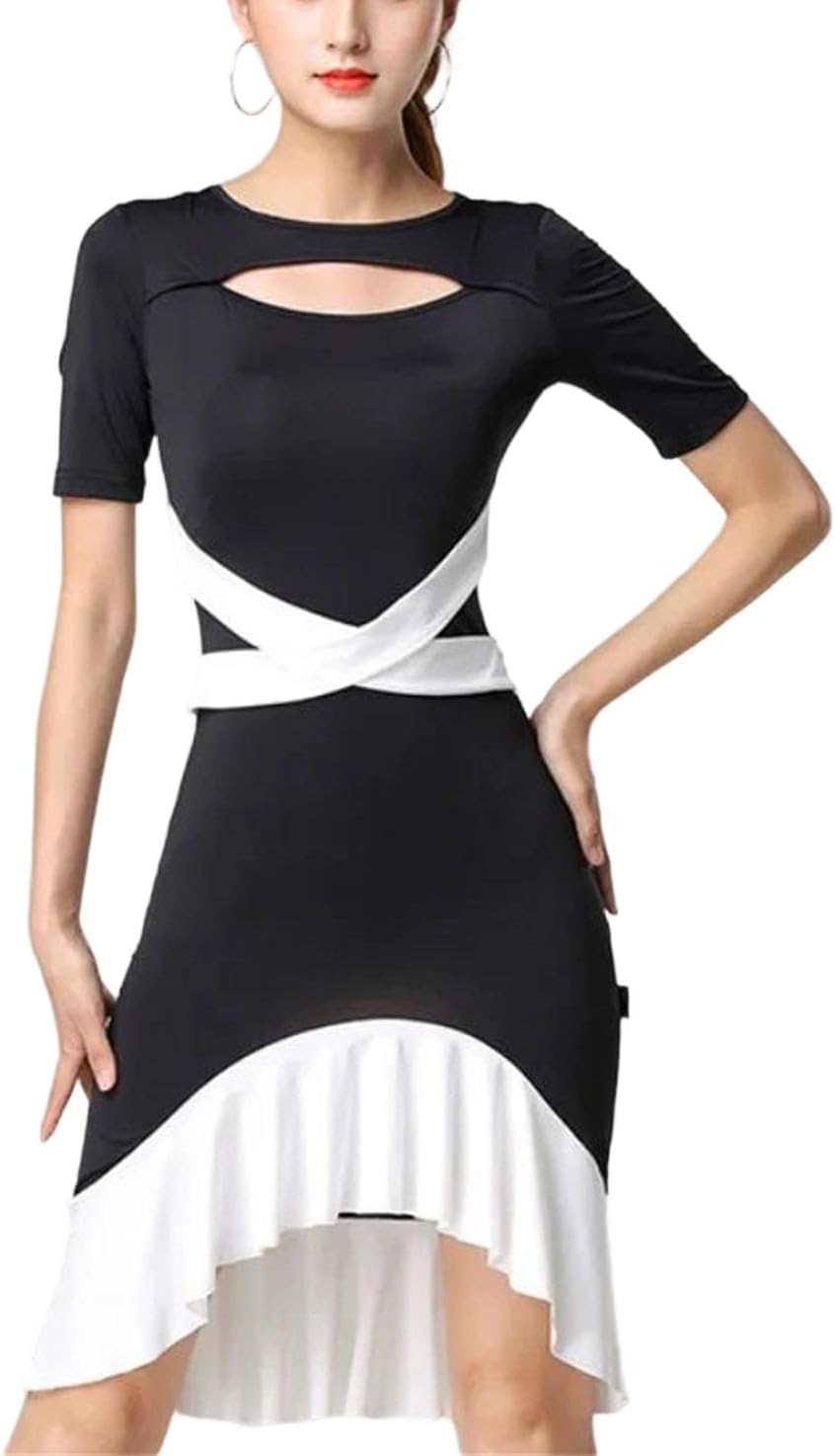 Women Block Colors Latin Dress Summer Short Sleeve Irregular Comfortable Outfit for Latin Dance Performance