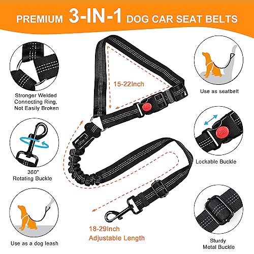 Pavsrmy 2 Packs Dog Seat Belt for Car, Upgrade 3-in-1 Dog Seatbelt with Adjustable Metal Buckle, Safety Headrest Restraint Dog Car Harness with Elastic Bungee for Small Medium Large Dogs Pet