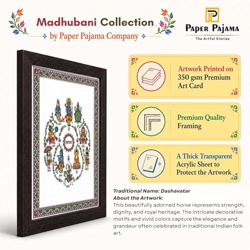 Image of PAPER PAJAMA Dashavatara Wall Art for Pooja Room | Madhubani Dasavatar Painting | Traditional Hindu Mythology Folk Art Framed Decor for Home, Temple & Office (10x13 Inches)