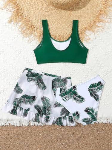 Image of WDIRARA Girl's 3 Pieces Tropical Print Bikini Swimsuit Bathing Suit with Ruffle Hem Beach Skirt Green 12 Years
