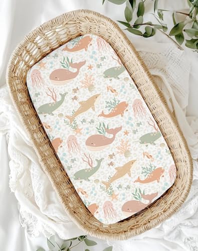 Image of Bassinet Sheets for Baby Girls Boys 2 Pack, Fitted Baby Mattress Sheet for Rectangle, Oval, Hourglass Bassinet Mattress, Breathable Cozy & Universal Fit (Aqua Wonders, Bassinet Sheet)
