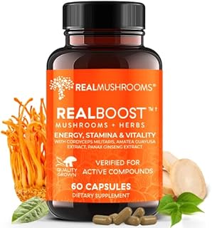 Real Mushrooms RealBoost Mushroom Supplement Blend with Cordyceps Mushroom, Ginseng Extract & Guayusa Extract - Natural Energy Booster, Immune Defense, Mood Support & Brain Booster Supplement, 60ct