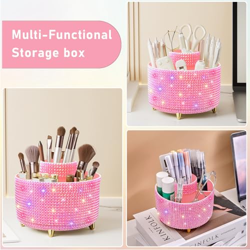 Image of Diesisa Bling Diamond 360 Makeup Brush Holder Organizer, Rotating Makeup Brush Organizer,5 Slot Make up Brushes Cup for Cosmetics, Vanity Desktop Organizer, Gift for Women Teen Girls- Diamond Pink