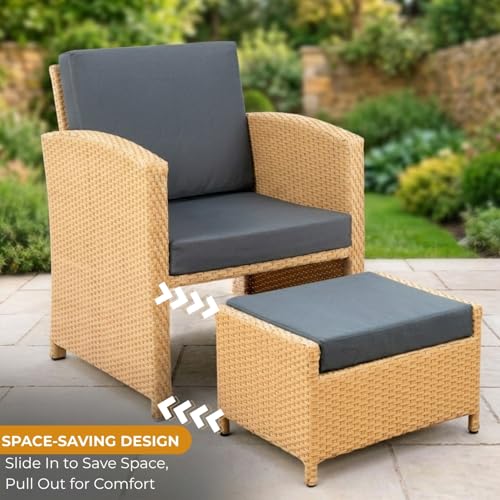 Image of DEVOKO Valencia Outdoor 5 Piece All Weather Rattan Wicker Patio Sofa Set with Water Resistant Cushioned Chairs with Glass Top Table & Ottomans for Garden, Pool, Porch, Backyard (Beige & Grey)