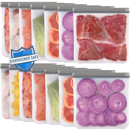 Lerine Paquete de 14 bolsas reutilizables para congelador, aptas para lavavajillas, sin BPA, reutilizables, 1 galón, bolsas de almacenamiento de alimentos extra gruesas a prueba de fugas para