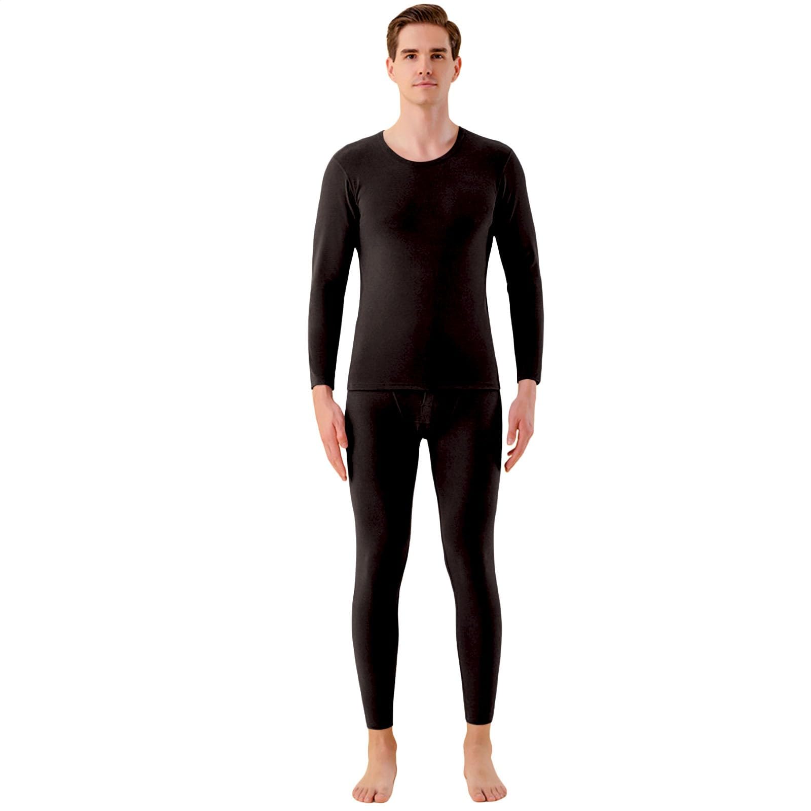 Generisch Pijama corto para hombre con cuello redondo y cuello alto, conjunto de ropa interior de invierno, manga larga gruesa y pantalones largos, túnica para hombre