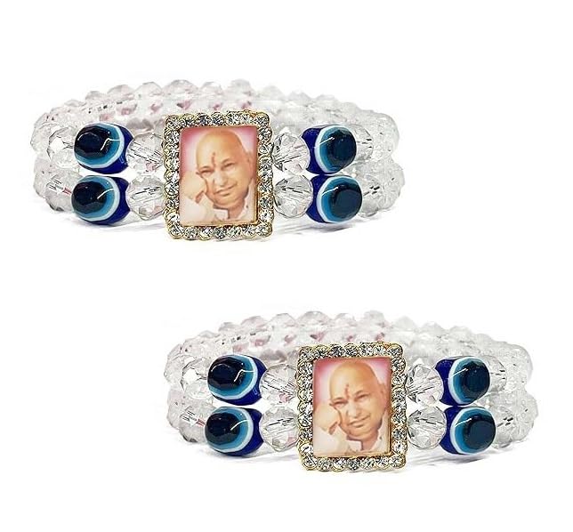 Image of (Set Of 2 Crystal Diamond Cut 8mm Moti Beads Stone Ractangle Shape Nug Shukrana Blessing's Always Jai Guru Ji Swaroop /Photo Wrist Band Cuff Charming Evil Eye Nazariya Elastic Bracelet