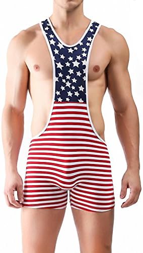 iooico Men's Wrestling Singlet, American Flag Print Sport Bodysuit Underwear Large