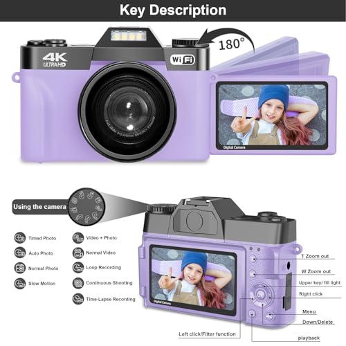 Digital Cameras for Photography, 4K 56MP Vlogging Camera 16X Digital Zoom Manual Focus Rechargeable Students Compact Camera with 52mm Wide-Angle & Macro Lens, 32G TF Card and 2 Batteries(Purple) - Image 7