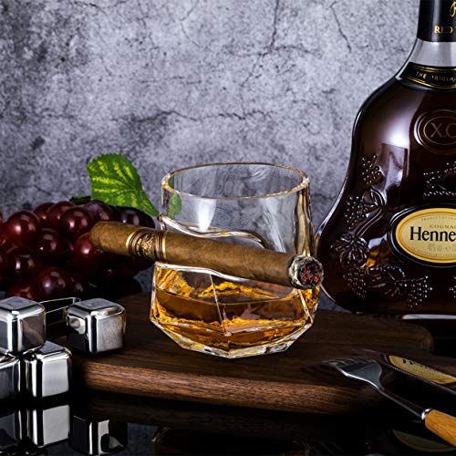 YouYah Cigar Whiskey Glasses with Cigar Holder-Set of 2,Cigar Accessories,Crystal Glass with 4 Ice Cubes,Tong & Indented Cigar Rest,Rocks Glass,for Brandy,Cocktail,Vodka,Gifts for Men - Thumbnail 3