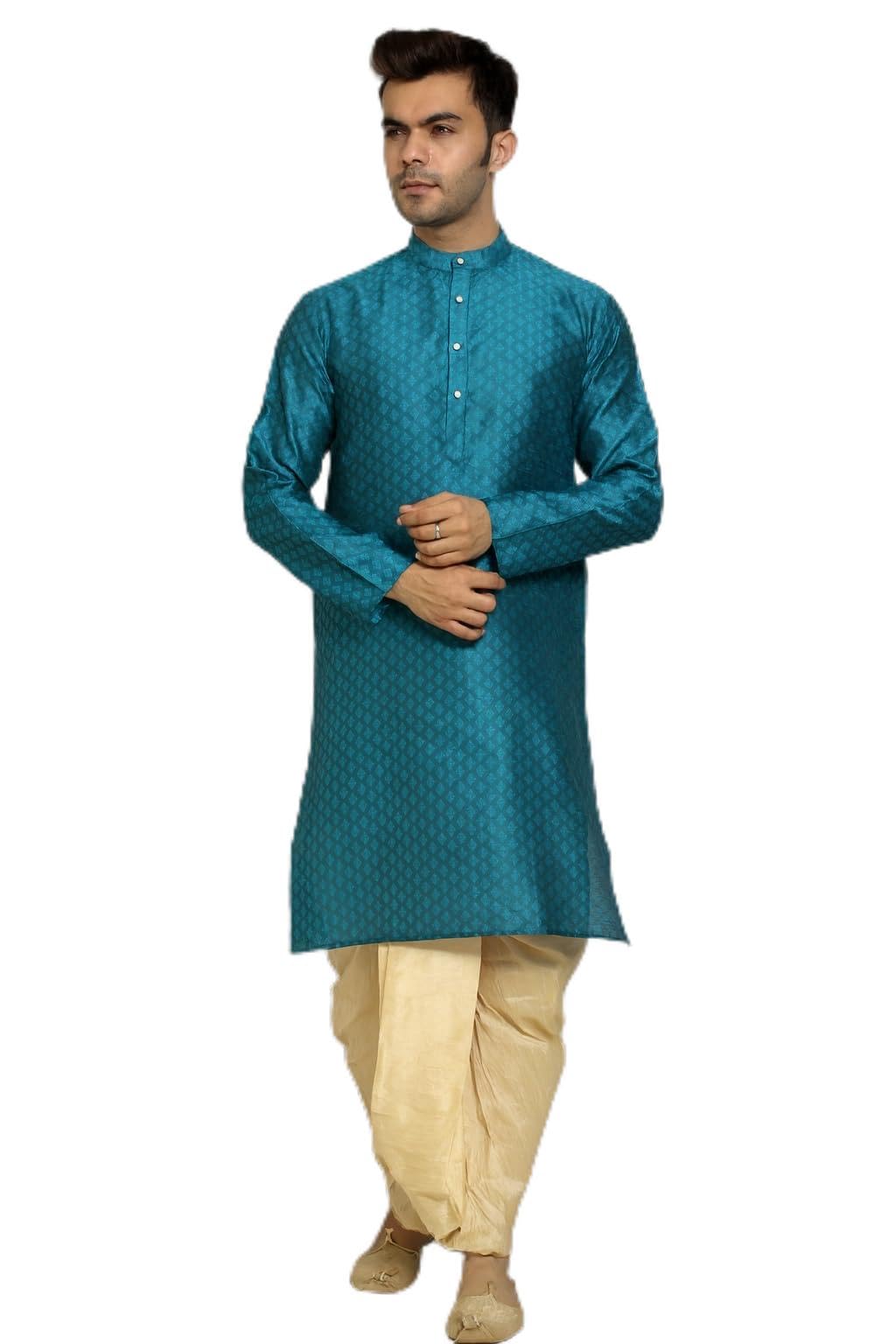 Men's Traditional Dobby Silk Kurta Dhoti Set, Teal Green Textured, Off-White Bottom-picture-26