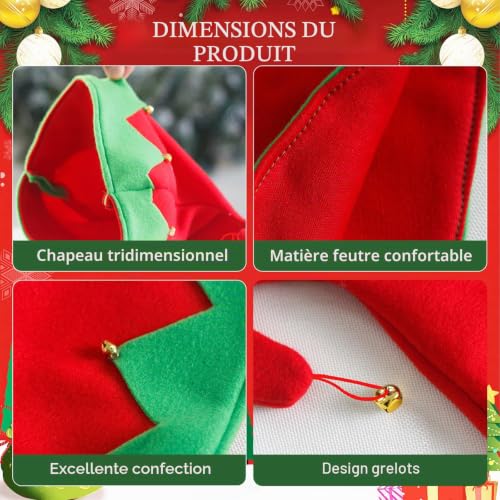 4 Pièces Bonnet Elfe Rouge et Vert Chapeau Lutin, Chapeau Lutin de Noël Vert et Rouge avec Clochettes, Bonnet de Noel Adulte pour les Fêtes de Noël Lutin de Noel Accessoires – vue 3