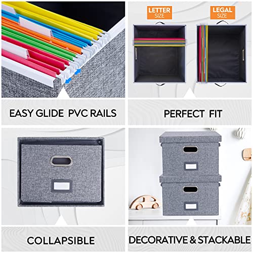File Organizer Box With 10 Hanging Files, Set Of 2, Storage Office Box With 75 Lbs Weight, Filling Box With Durable Mdf Board Linen Fabric, File Storage Organizer With Smooth Sliding Letter/Legal Size - Gray #TOP4