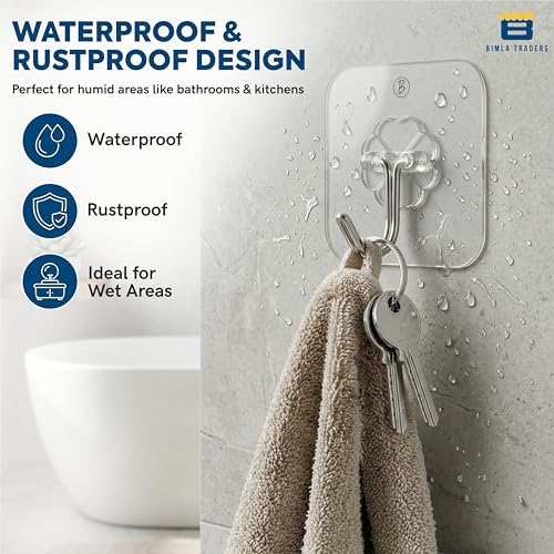 Image of Self Adhesive Wall Hooks - No Drill, Waterproof & Rustproof |Wall Hanging for Coat, Towel, Keys, Lights, Calendar |Stylish & Space-Saving Organizer |Strong Grip, Easy Install (Transparent PO10)